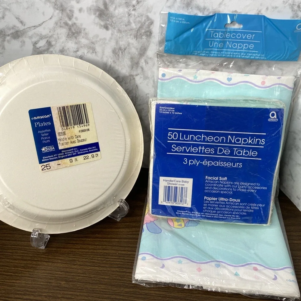 VTG 80/90s NIP AMSCAN Baby Shower Lot Plates, napkins, Tablecover Pastel Stork